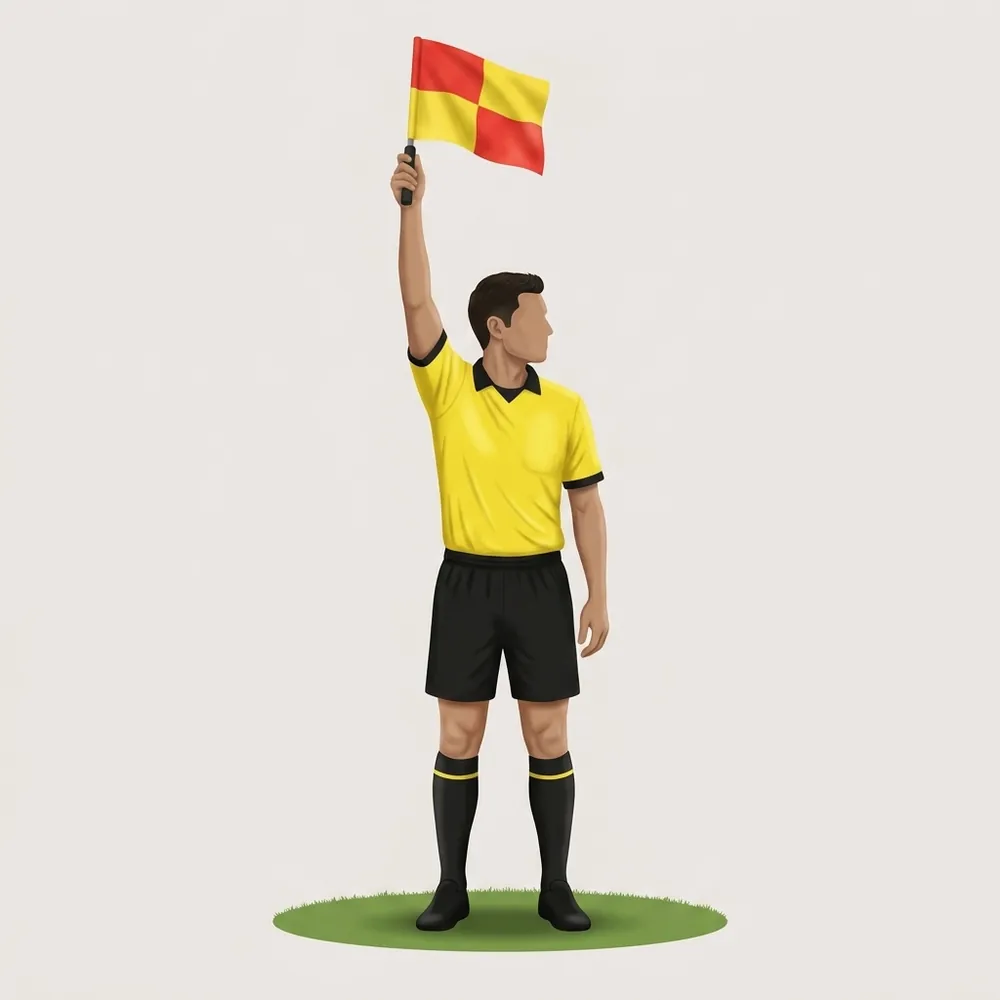 A painted referee in a yellow shirt showing the offside signal with the flag.