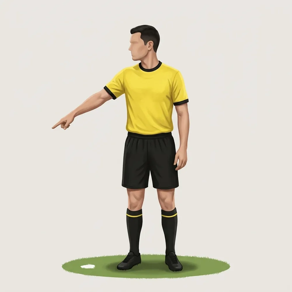 A painted referee in a yellow shirt showing the penalty kick signal.