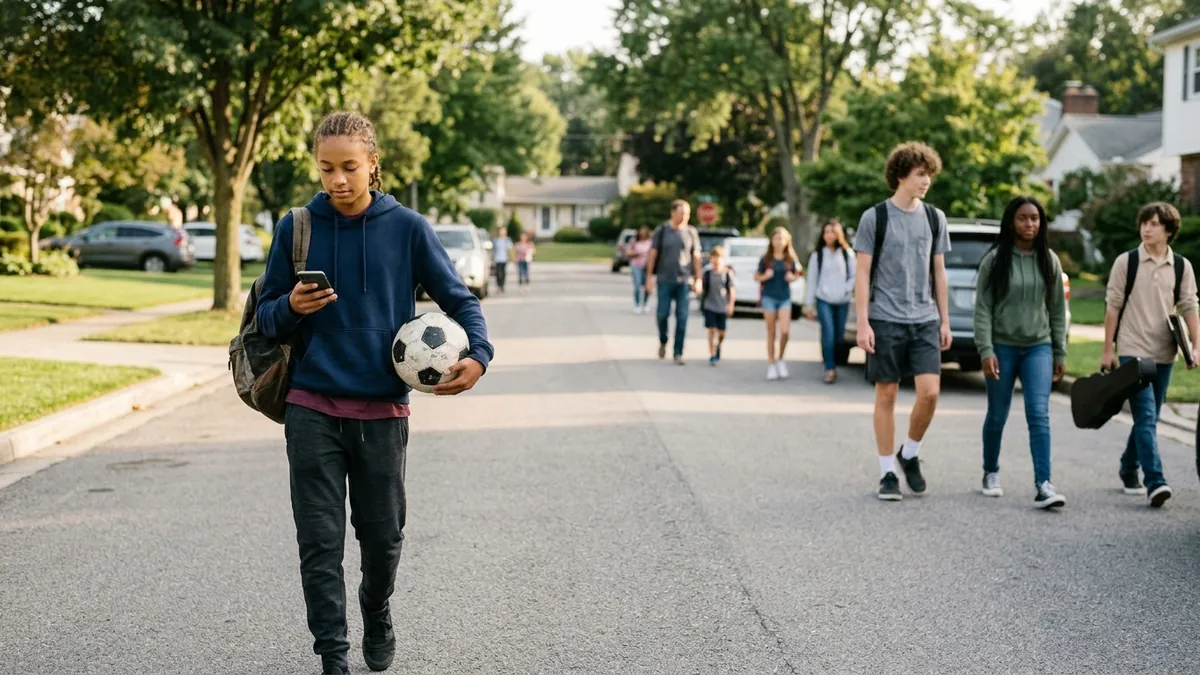 A teenager walks home after school with a ball against one hip and a phone in the other hand.