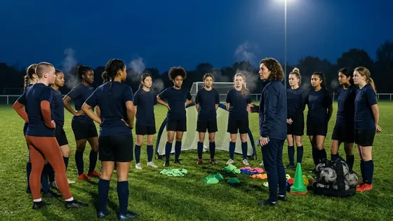 A coach talks to her team under floodlights before training.