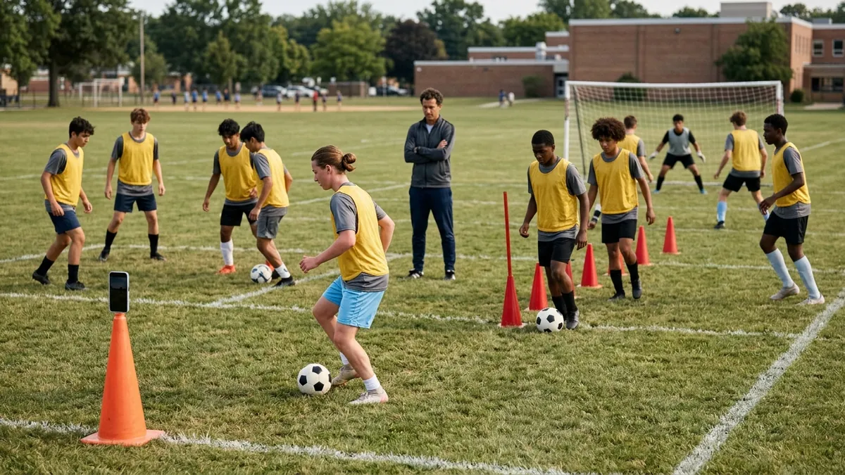 A school team training at three stations at once while a single phone stands on a cone in the foreground.