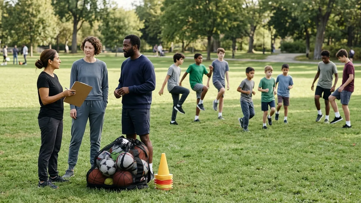 A co-op organizer with a clipboard talks to two parents beside a bag of balls while children of mixed ages split into groups for a warm-up in a park.