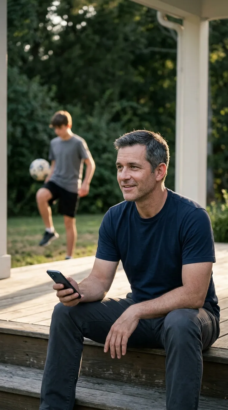 A father sitting on a porch step in late afternoon light, phone in hand, looking up from a straight answer while his son juggles a ball in the garden behind him.