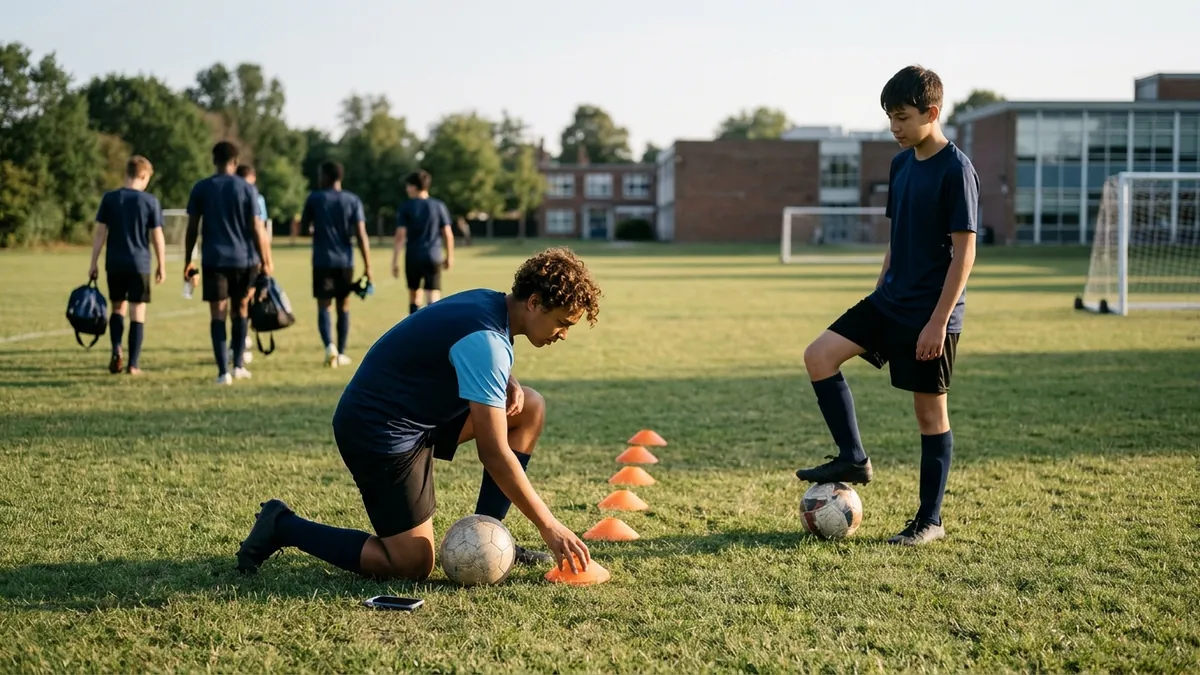 After practice a teenager kneels to place the last cone of a zig-zag they designed while a teammate waits with a ball to try it.