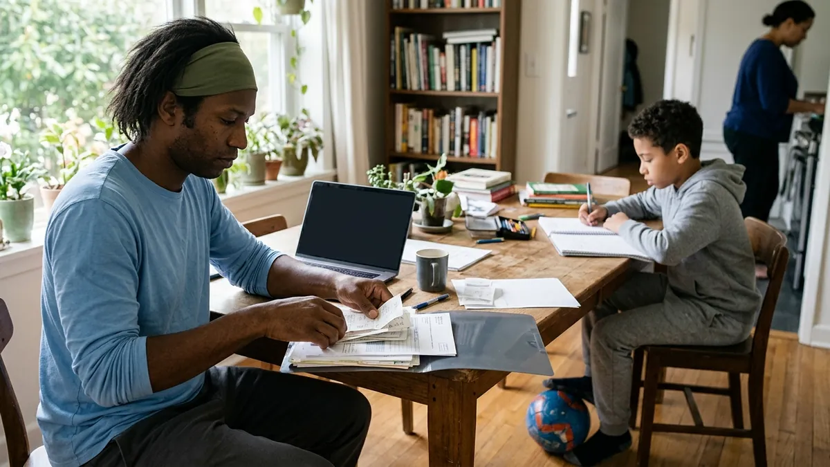 A parent sorts receipts into a folder at the dining table while their teenager does schoolwork at the far end, a ball under the table.