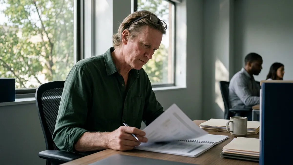 An adult evaluator at a desk turning the pages of a printed portfolio, pen in hand.