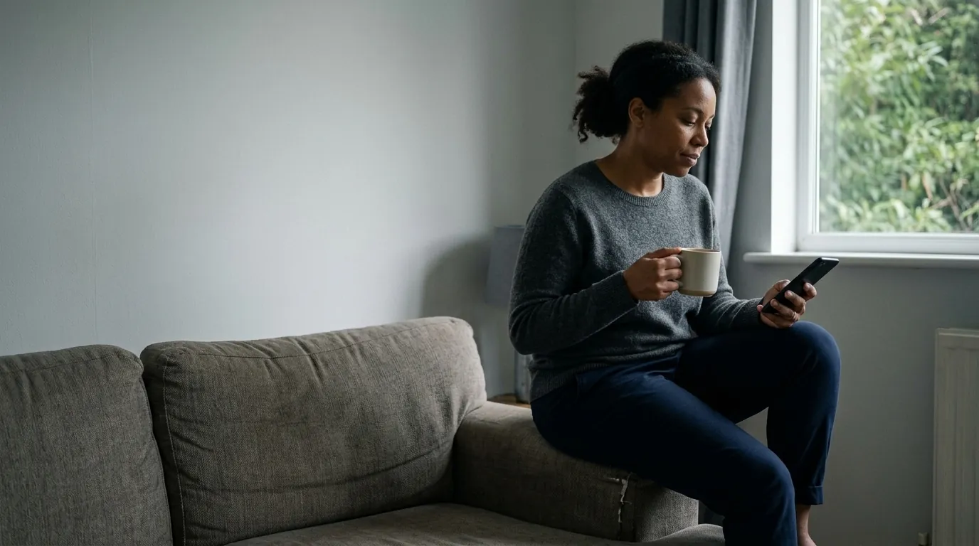 A parent sitting on the arm of a sofa with a mug and a phone, reading unhurriedly in grey daylight.