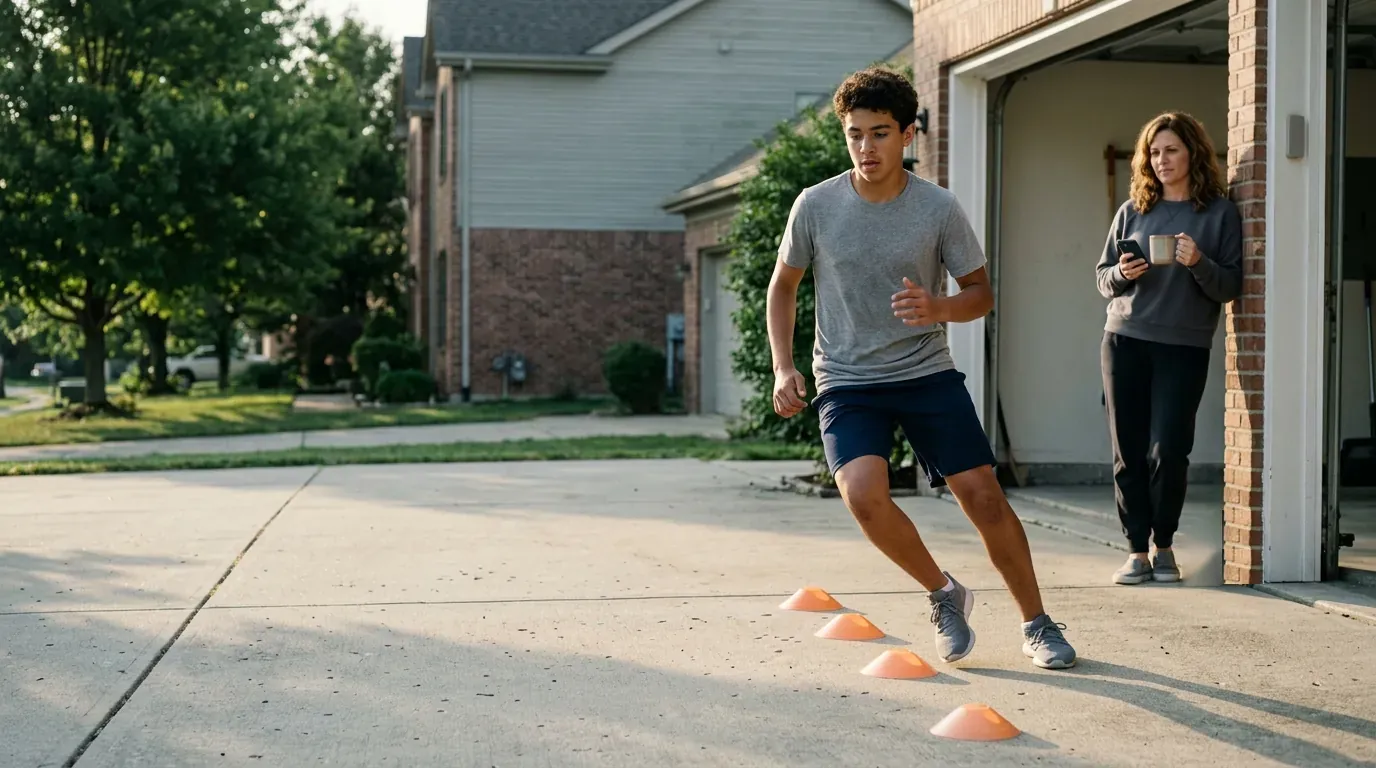 A teenager working through a line of cones on a suburban driveway in early morning light while a parent watches from the open garage.
