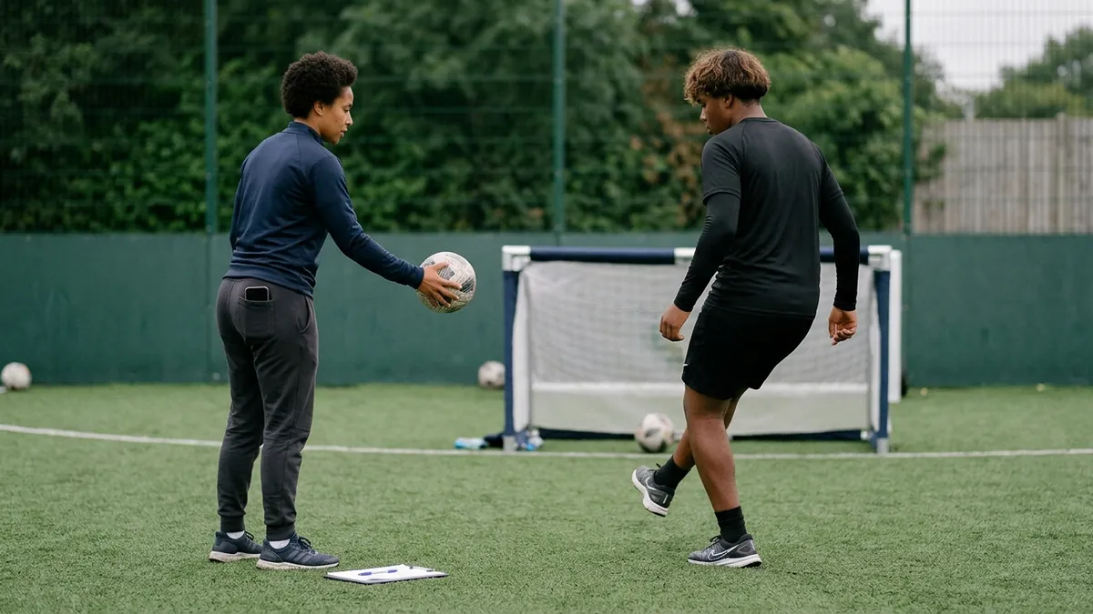 A trainer feeds a ball by hand to a teenager about to strike it toward a small goal on an empty artificial pitch.
