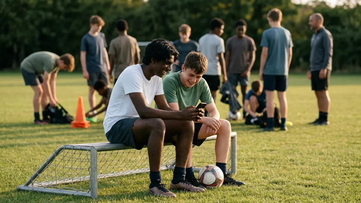 Two teenagers sit on a goal's bench after practice, leaning over a phone together and laughing, a ball between their feet.