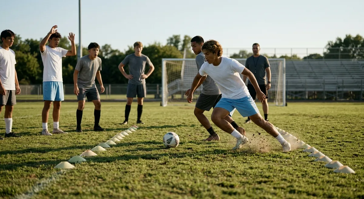 A high-school attacker in a white training top accelerates past a flat-footed defender in a narrow cone channel while teammates watch from the touchline.