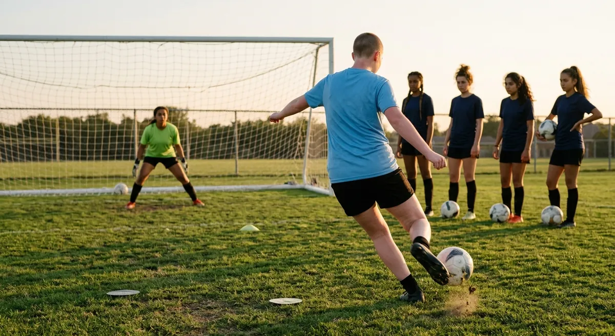 A teenage striker in a navy training top strikes a shot with her plant foot pointing at the far post as the keeper sets on the line, teammates queuing behind.