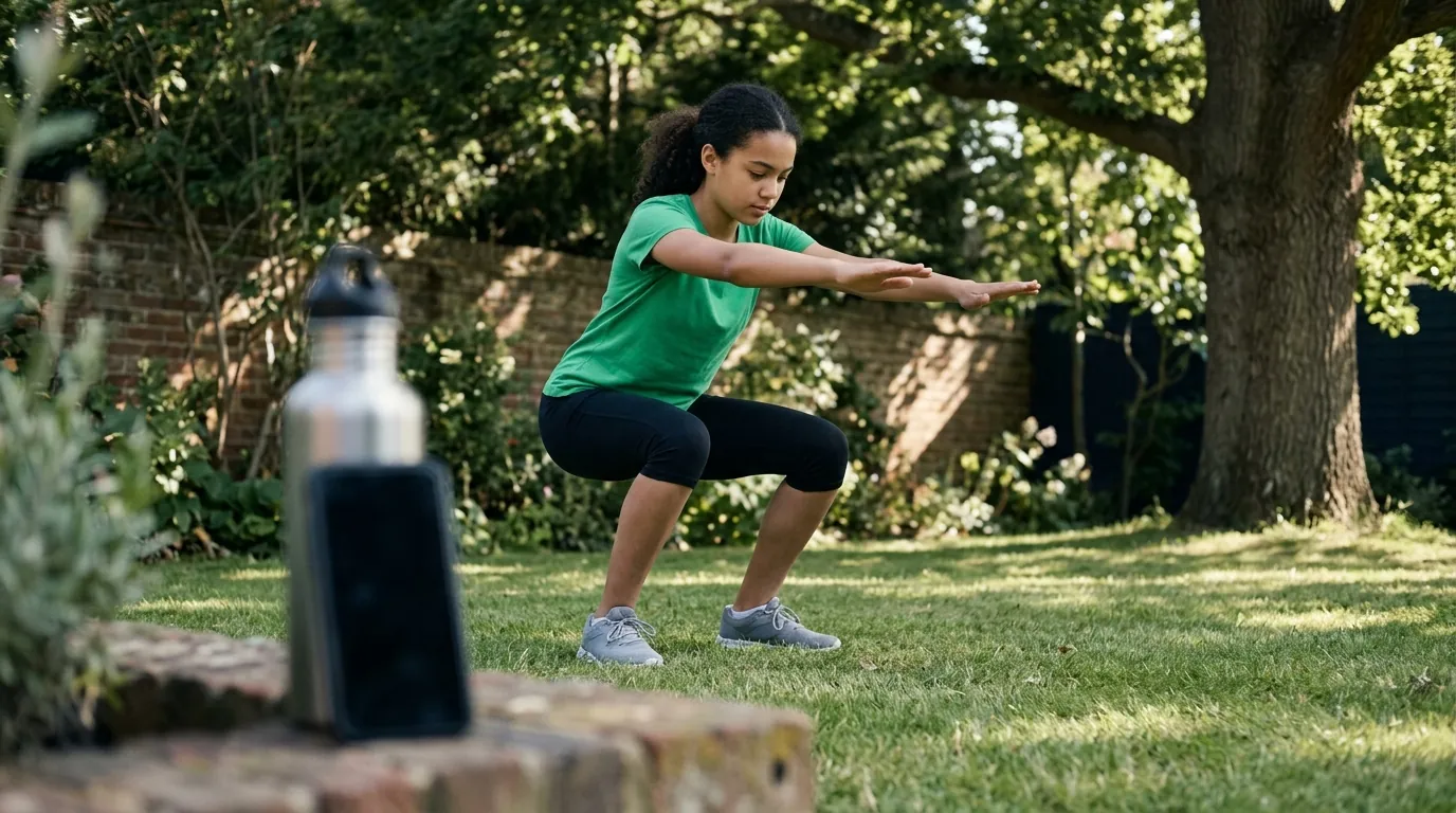 A teenager mid-squat on a back lawn while her phone lies face-down on a garden wall in the foreground, nobody holding it.