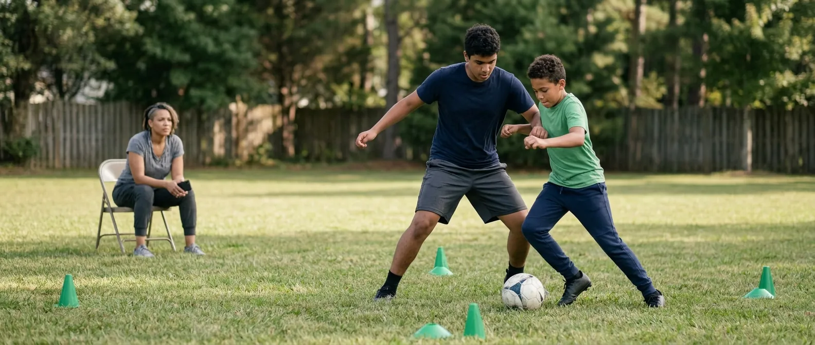 Two siblings playing one against one on a marked-out back lawn while a parent watches from a folding chair at the edge.