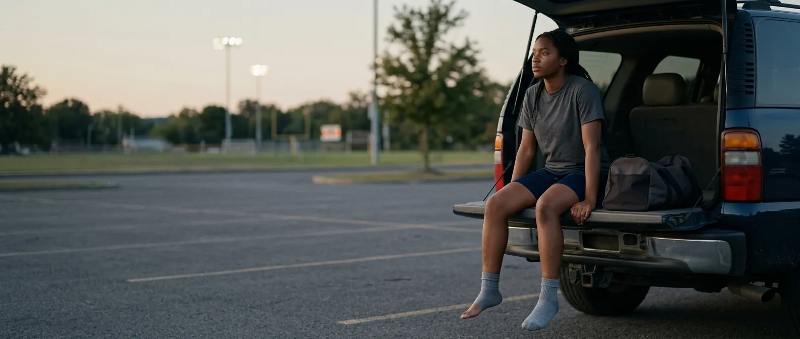 A seventeen-year-old sitting on the tailgate of a car in a school car park at dusk, changing out of boots, with pitch floodlights coming on in the distance.