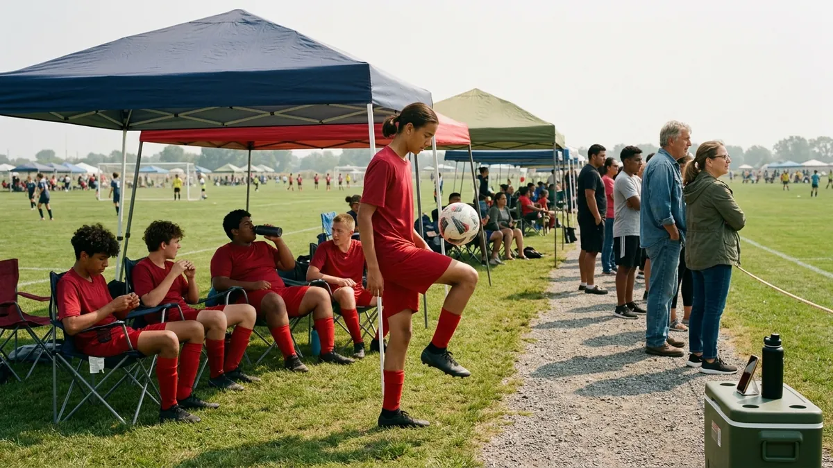 A teenager in team kit juggling a ball beside his team's tent at a weekend tournament, teammates resting behind him and games on the fields beyond.