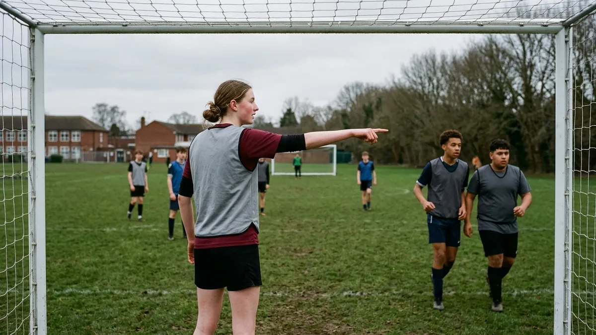 A teenage defender points a teammate across to close a passing lane during a school practice while two attackers look for the pass.