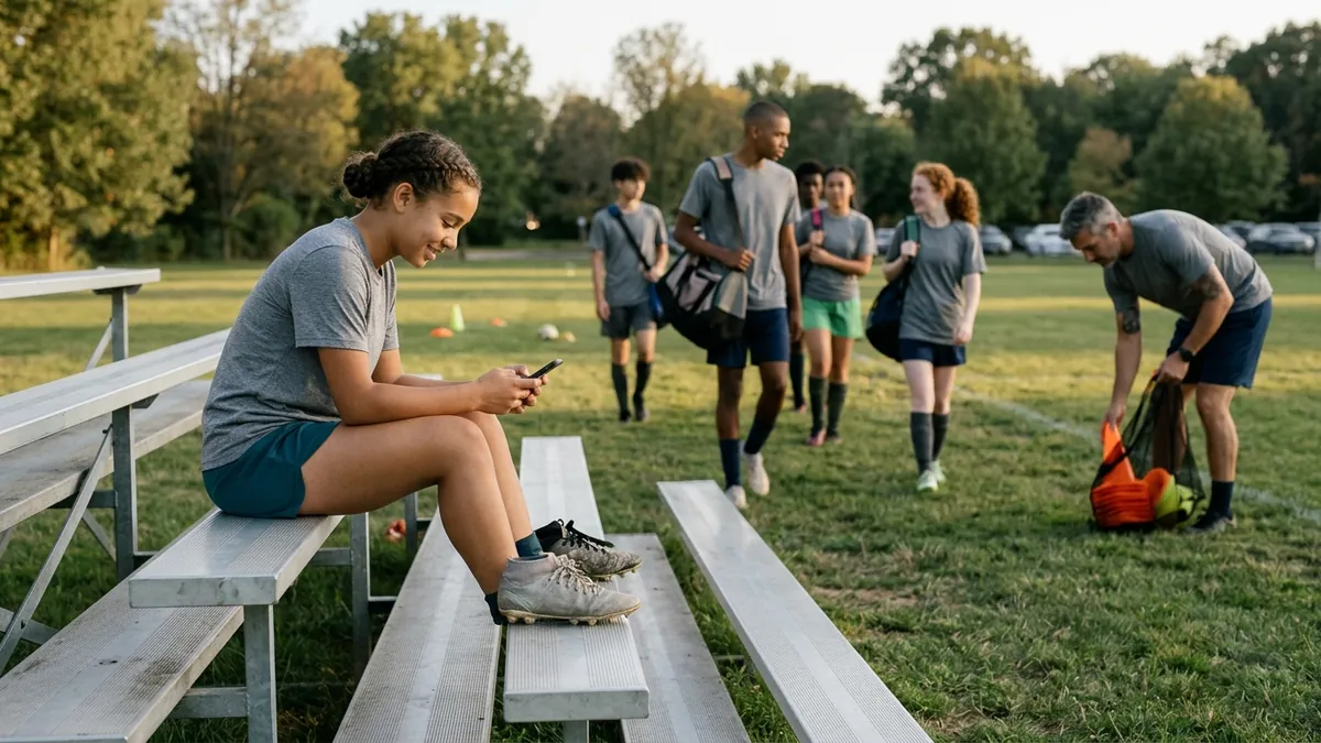 A teenager sits alone on the bleachers after practice, boots off beside them, looking at a phone while the squad walks off the field.
