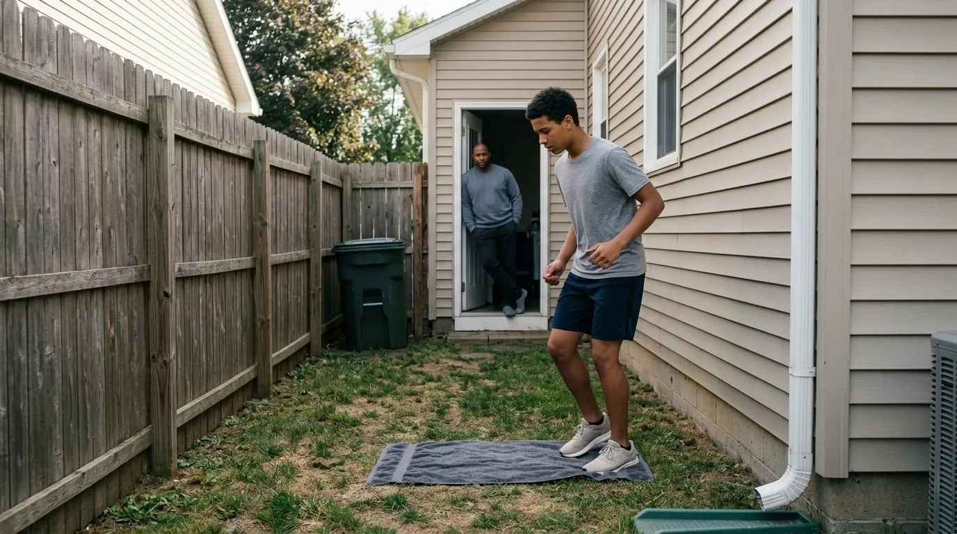 A narrow side yard hemmed in by a fence and the house wall, where a teenager does close footwork over a folded towel while a parent watches from the back doorway.
