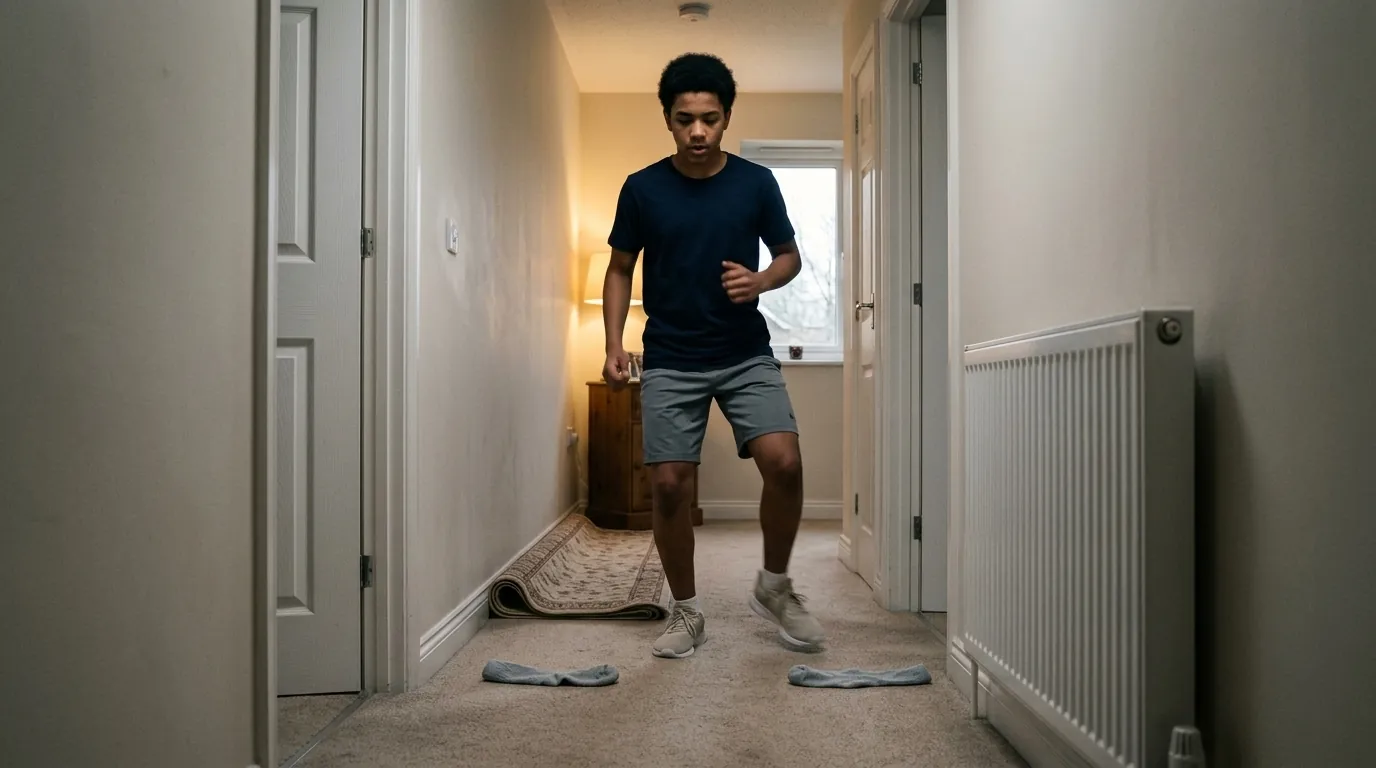 A teenager doing lateral steps between two socks laid on the carpet of an ordinary hallway, with a radiator and a doorway in frame.