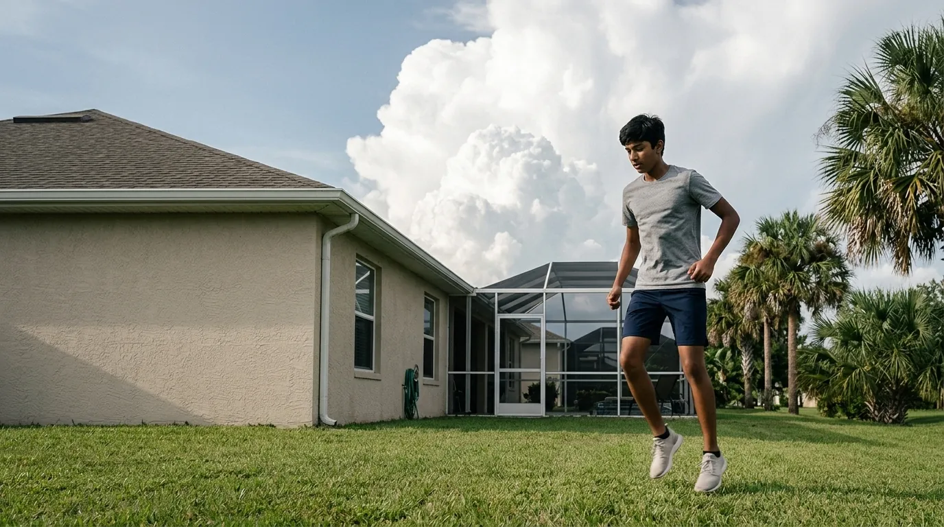 A teenager mid-drill on a green lawn beside a one-storey house with a screened lanai, palms at the property line and afternoon storm cloud building behind.