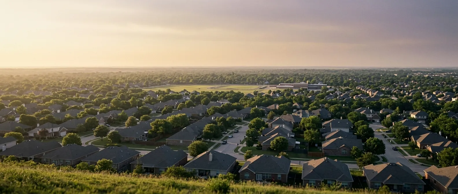 A view from a low hillside across an ordinary American suburb at golden hour, rooftops and tree canopy running to a flat horizon with a school field in the distance.