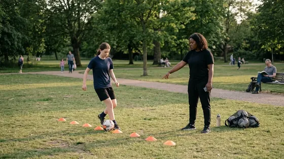 A personal trainer watches a player dribble through cones in a park.