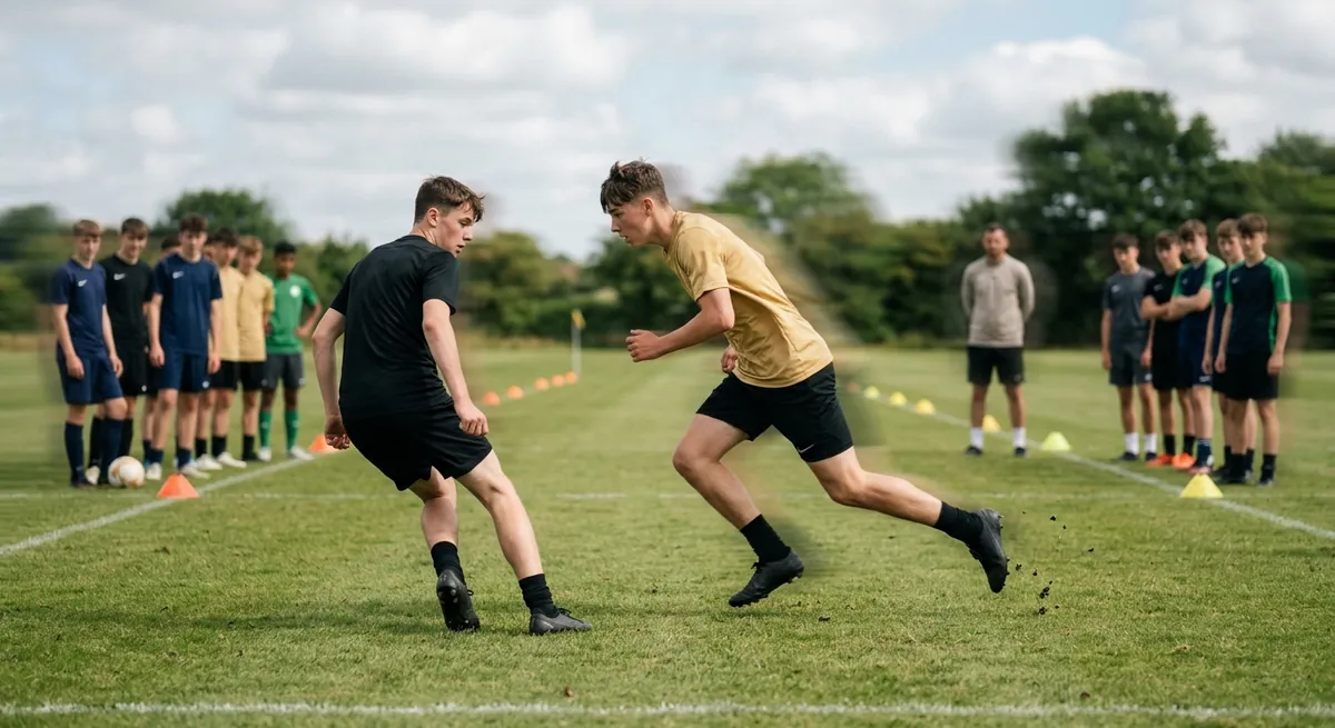 An attacker in gold explodes past a flat-footed defender in black with a sudden change of pace.