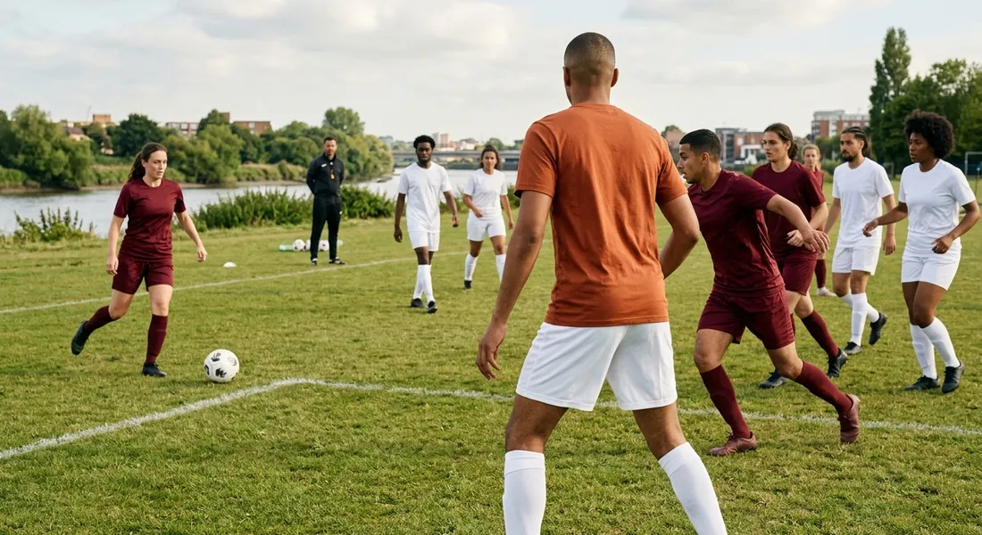A striker spins off a defender's blind side at the same moment her teammate slips the pass in.