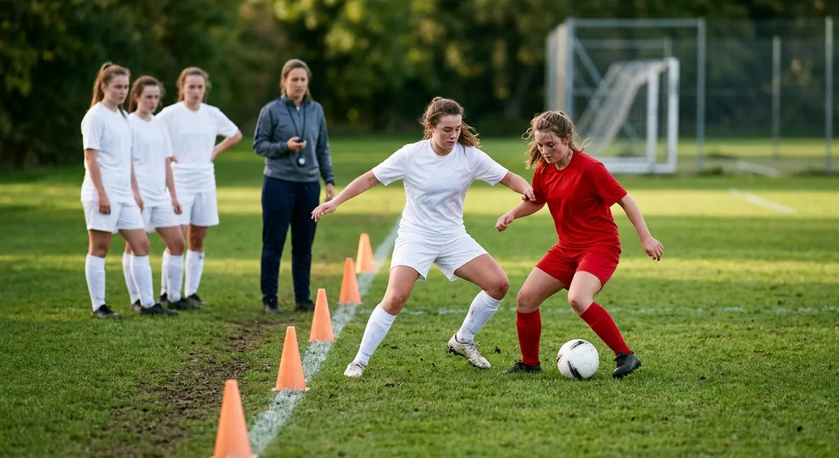 A defender in white slows on her approach and steers an attacker in red toward the touchline.