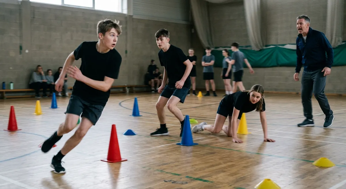 Three players race through a maze of coloured cones in a sports hall, heads up before their feet turn.
