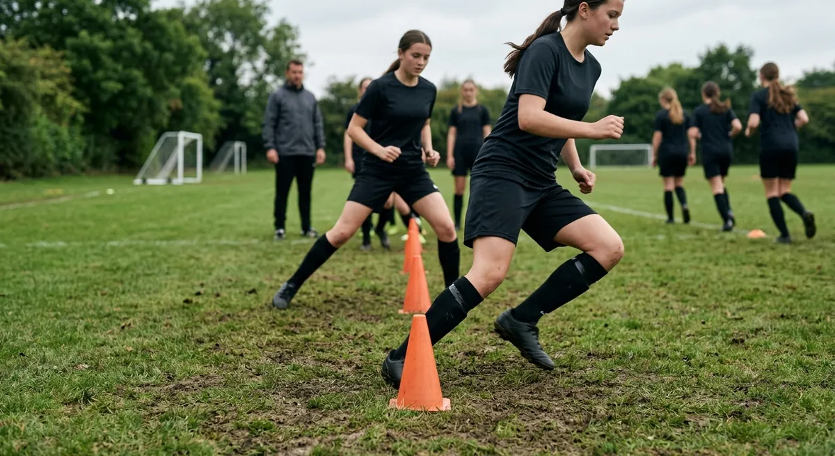 A player cuts hard at a cone with her knee kept over her foot as the next player drives off behind her.