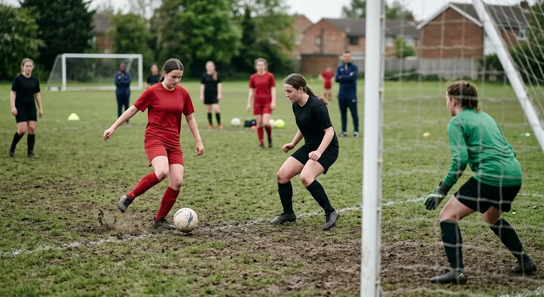 A defender in black moves onto the line between ball and goal, side-on, two steps off the attacker.