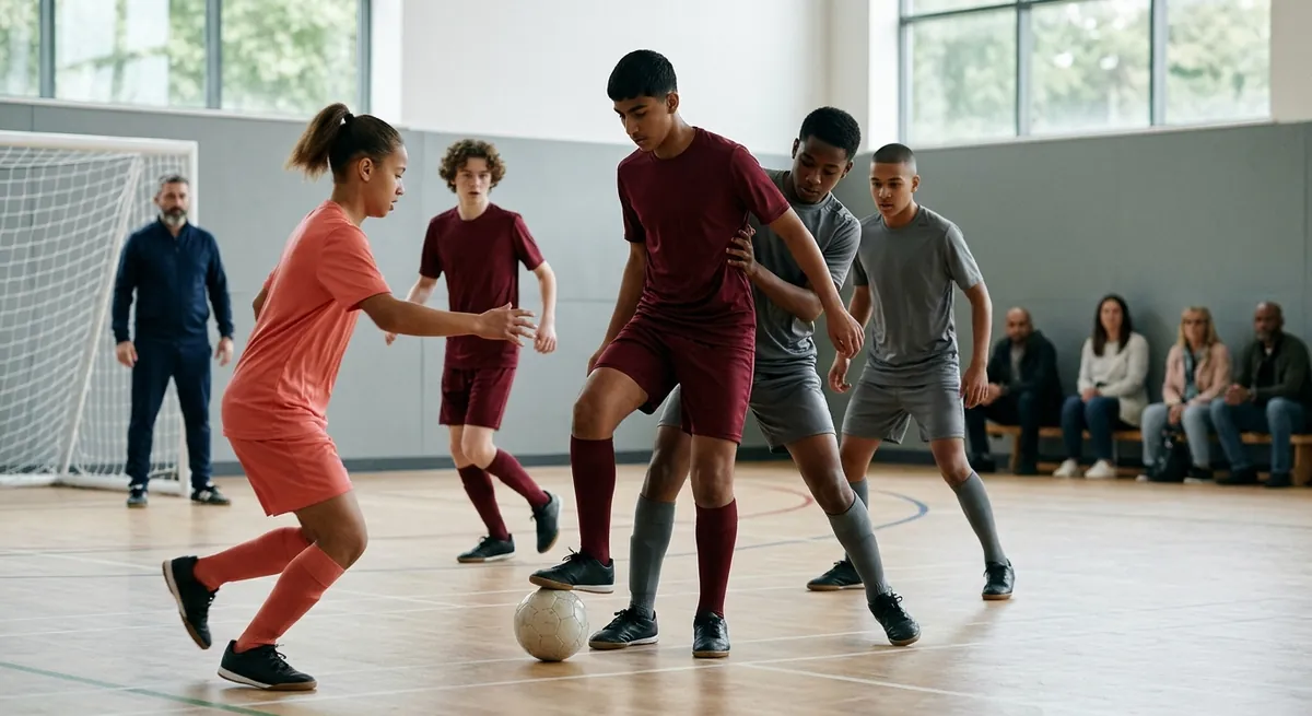 A futsal pivot in maroon holds the ball under his sole against a defender and lays it off to an arriving teammate.
