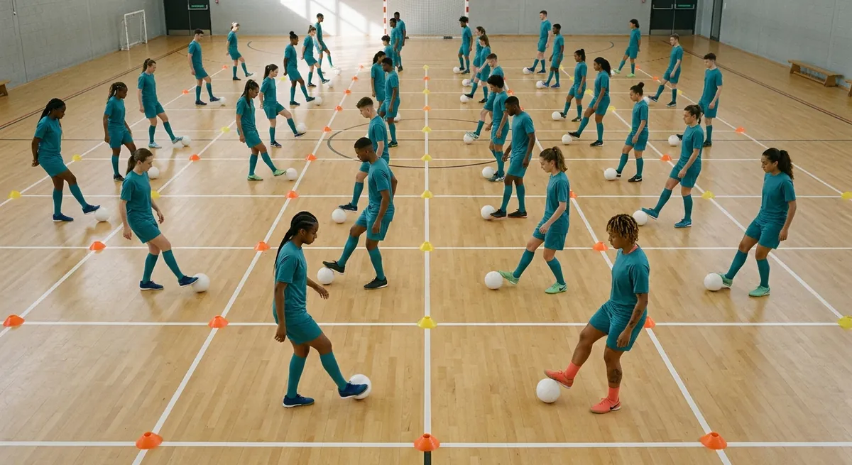 From the gallery, players in teal pull futsal balls back with the sole in a grid of small cone squares.