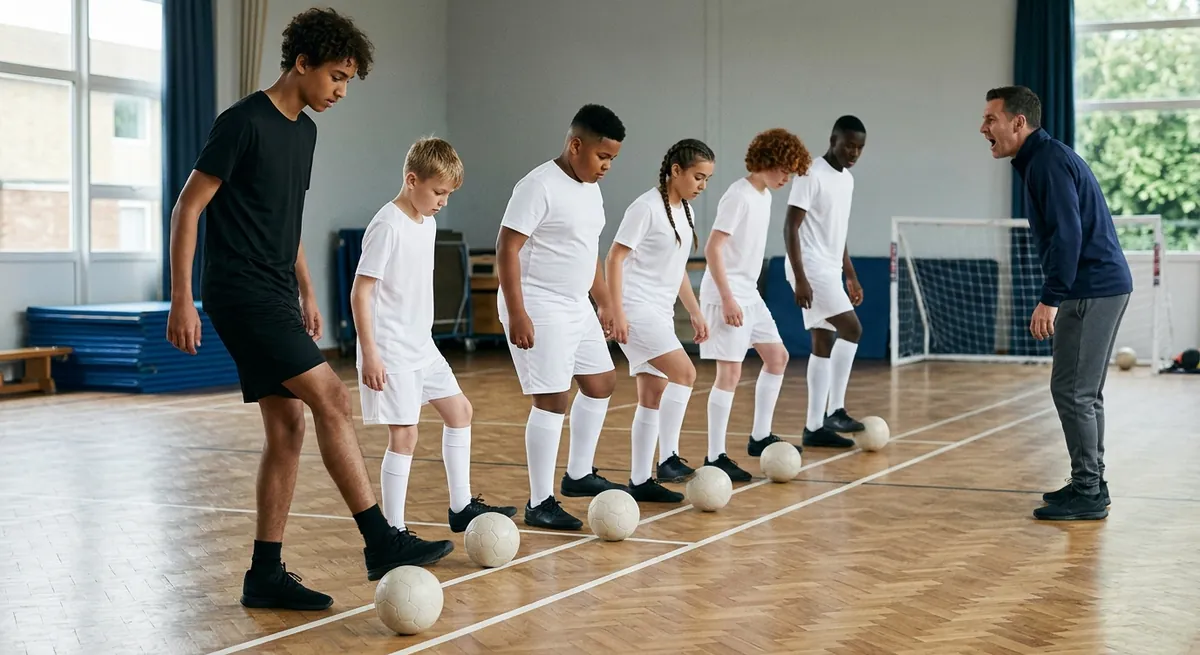 Players in white roll futsal balls across their bodies along taped lines at a coach's call.