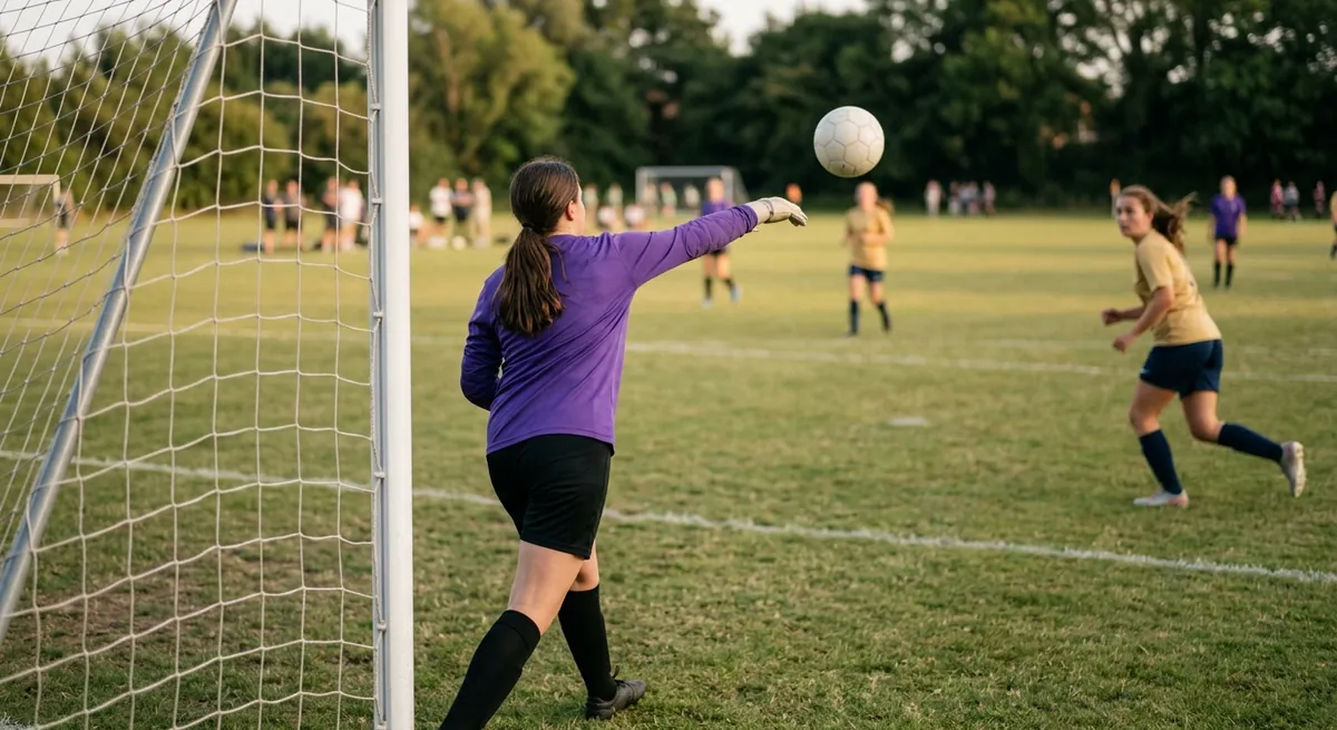 A keeper in purple throws overarm with a straight arm to a full-back sprinting wide.