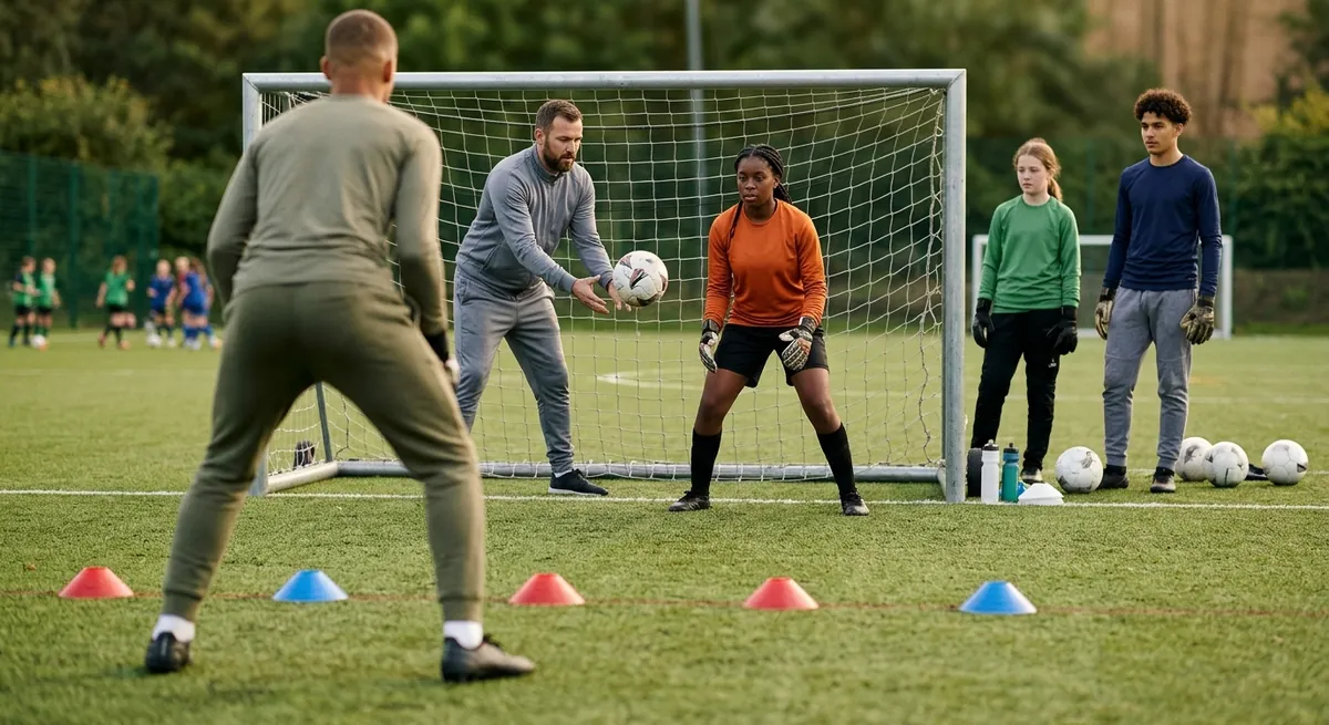 A keeper shuffles across a line of cones without crossing her feet and is set before the coach drops the ball.