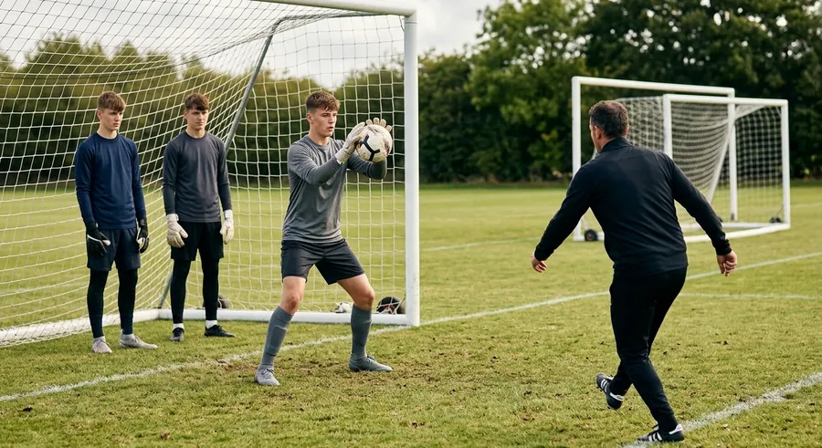 A keeper in grey catches a shot at chest height with his hands in a W and his body behind the ball.