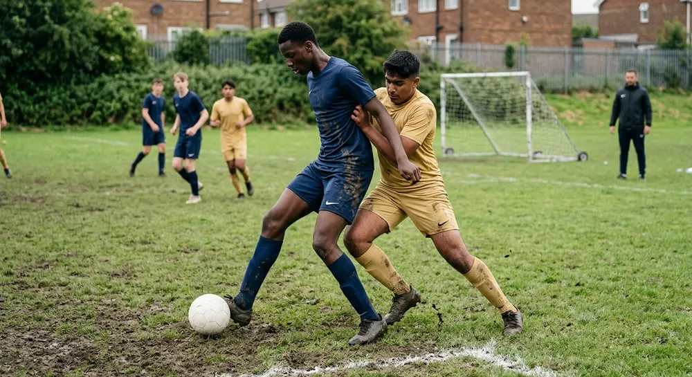 A striker with his back to goal takes his first touch away from a centre-back leaning into him.