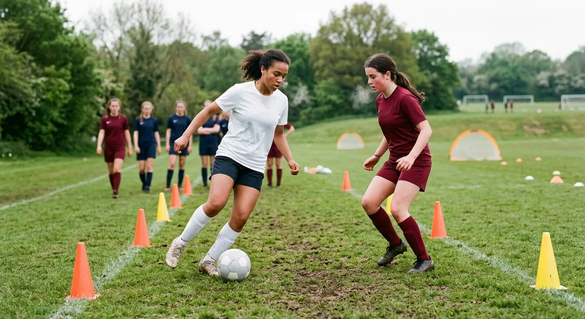 A defender in maroon jockeys on her toes, balanced and not reaching, as the attacker dips a shoulder.
