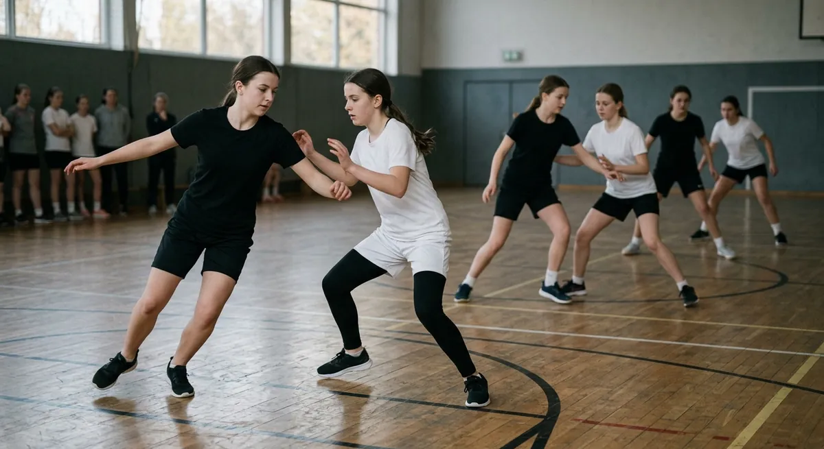 A defender stays low with knees bent and feet apart, mirroring an attacker's feints in a sports hall.