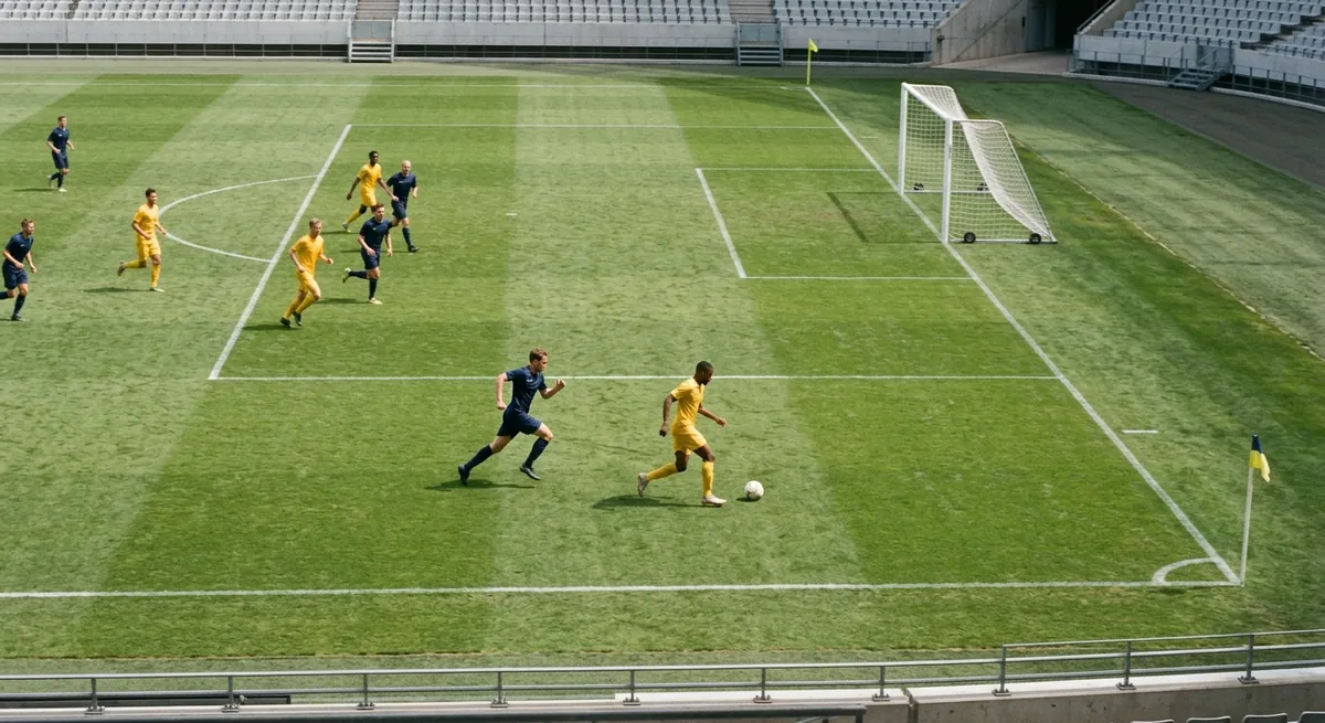 A defender in navy sprints back on a curved line toward goal to catch an attacker who is clean through.