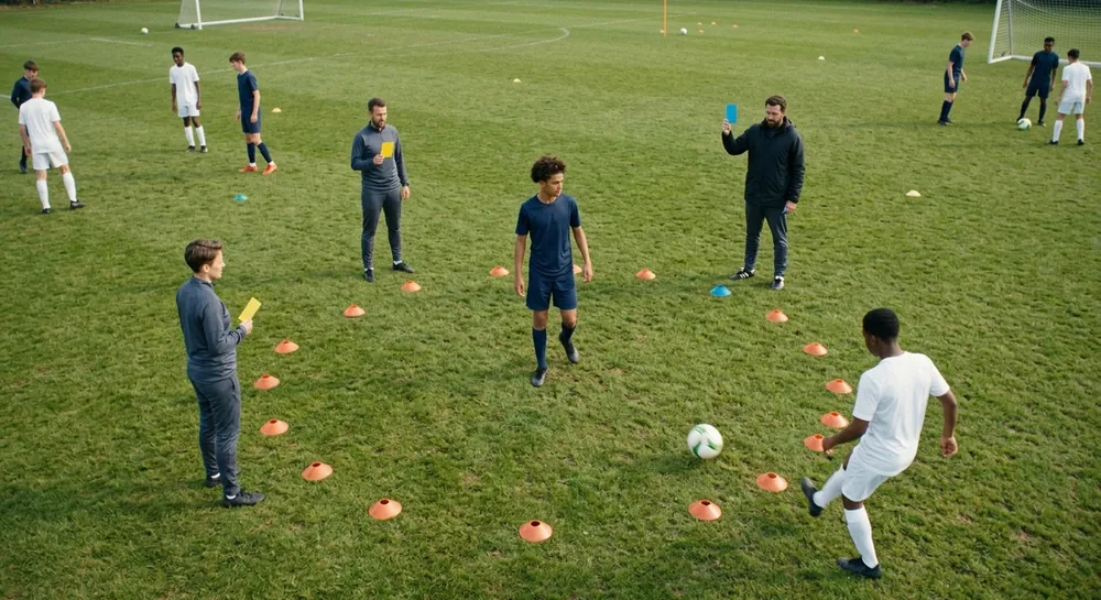 A player in the middle of a cone circle turns his head unprompted to read coloured cards as the ball comes in.