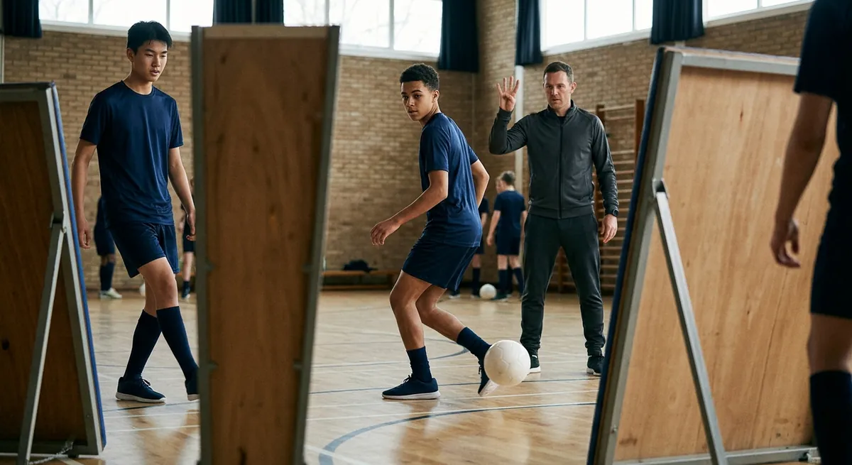 A player between two rebound boards turns his head to scan behind him without breaking his passing rhythm.