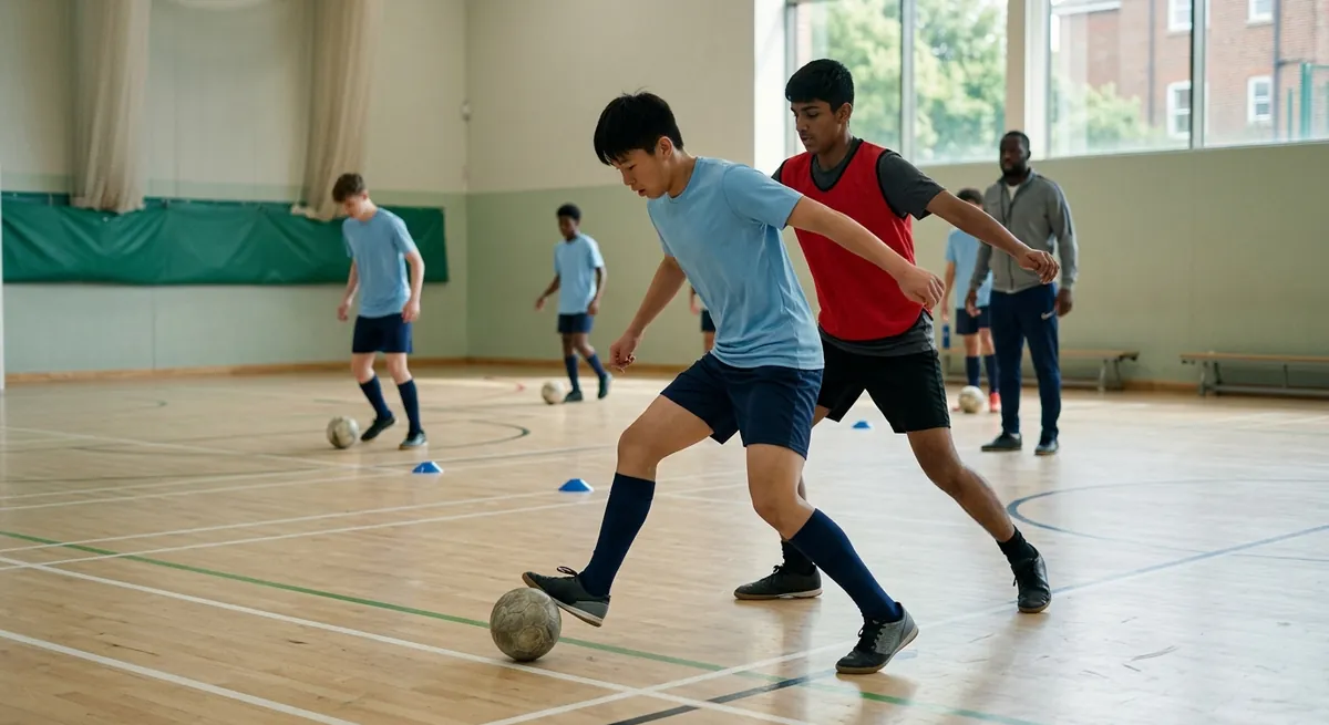 A player on a futsal court strokes the top of the ball with his sole and rolls away from a reaching defender.