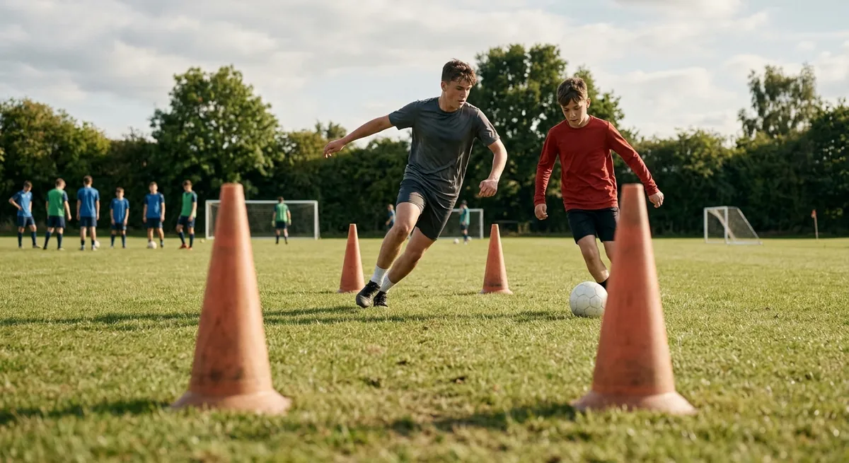 A defender approaches side-on to show the attacker away from the central gate and toward the outside one.