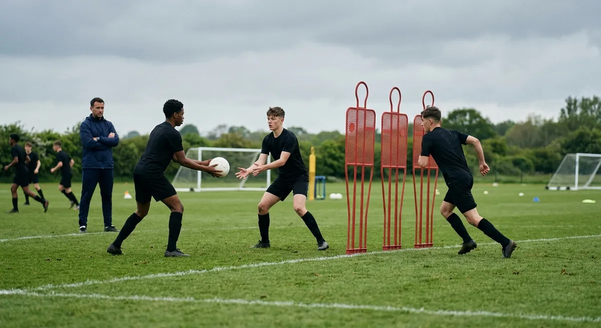 A forward lays the ball back first time as a third teammate runs in behind for the through ball.