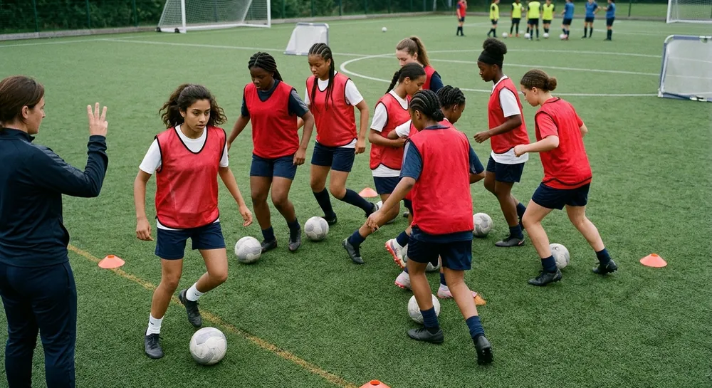 Eight players dribble in a tiny coned box, the nearest calling out the coach's raised fingers with her head up.