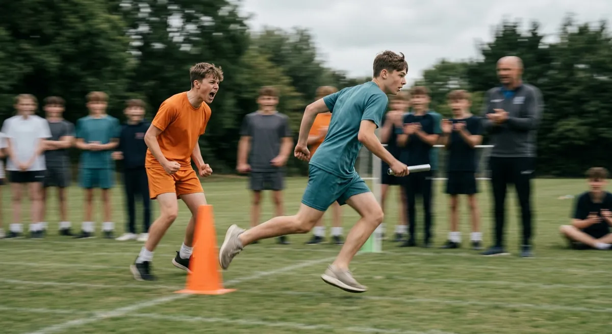 A player turns at a cone and pushes his first touch forward in a relay race as his team screams him on.